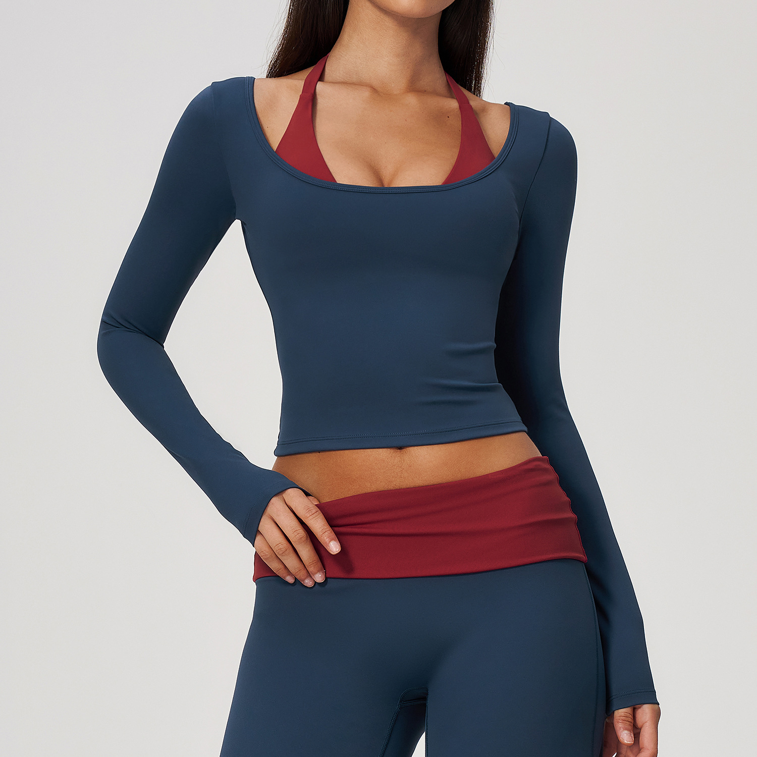 Crop Top Crochet - 2-in-1 nep-tweedelig halter-yogatop met lange mouwen,